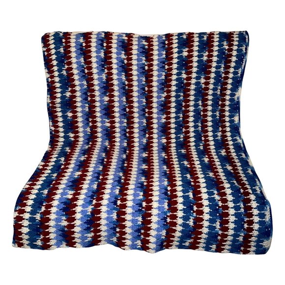 Handmade Hand Crafted Patriotic USA Striped Crocheted Blanket Throw 51x44 - Picture 1 of 10